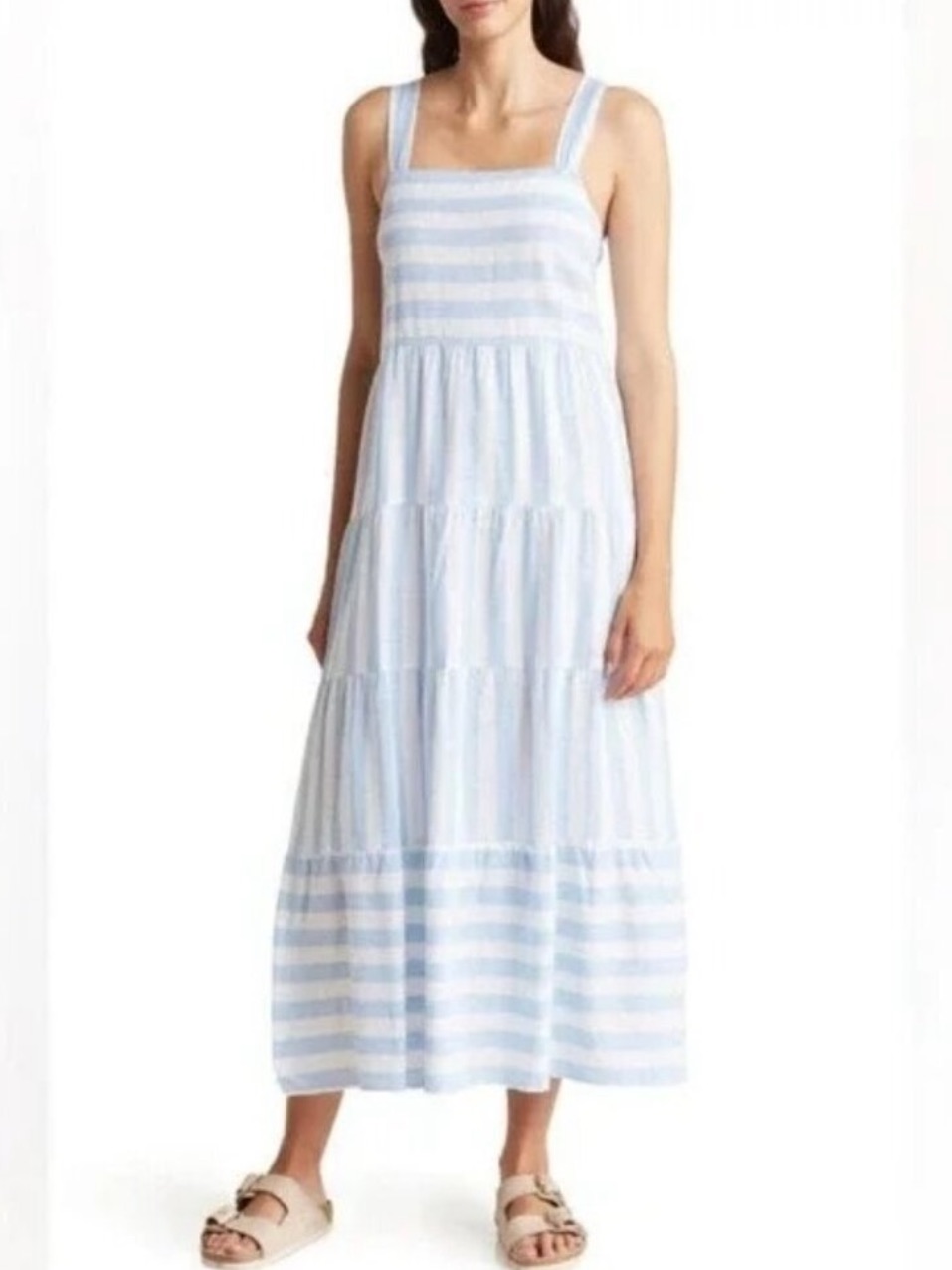 Nwt Casa Cabana Linen Blend Blue & White Striped Tiered Maxi Dress, Women’s Xl